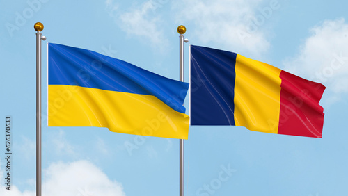 Waving flags of Ukraine and Chad on sky background. Illustrating International Diplomacy, Friendship and Partnership with Soaring Flags against the Sky. 3D illustration.