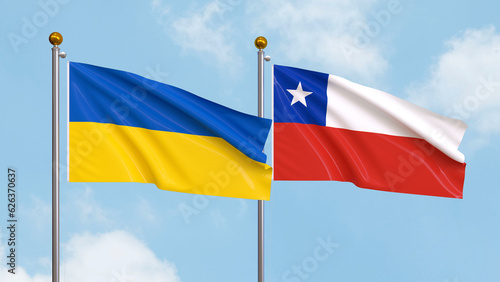 Waving flags of Ukraine and Chile on sky background. Illustrating International Diplomacy  Friendship and Partnership with Soaring Flags against the Sky. 3D illustration.