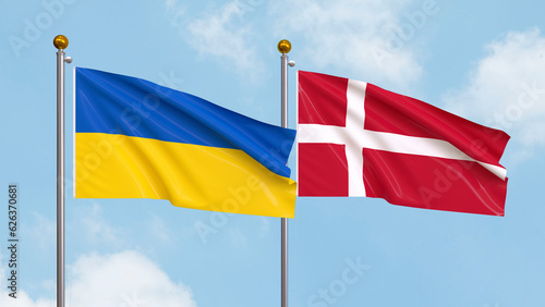 Waving flags of Ukraine and Denmark on sky background. Illustrating International Diplomacy  Friendship and Partnership with Soaring Flags against the Sky. 3D illustration.
