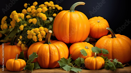 Composition with autumnal ripe pumpkins. Generative Ai