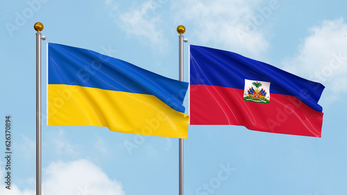 Waving flags of Ukraine and Haiti on sky background. Illustrating International Diplomacy, Friendship and Partnership with Soaring Flags against the Sky. 3D illustration.
