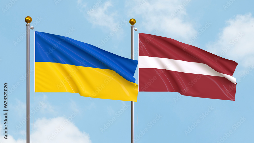 Waving flags of Ukraine and Latvia on sky background. Illustrating International Diplomacy, Friendship and Partnership with Soaring Flags against the Sky. 3D illustration. Waving flags of Ukraine and Latvia on sky background. Illustrating International Diplomacy, Friendship and Partnership with Soaring Flags against the Sky. 3D illustration.