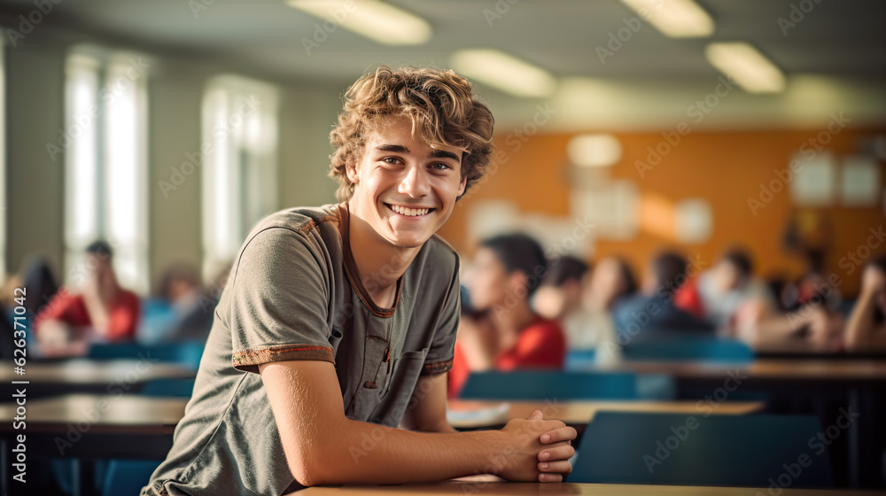 Portrait of a smiling young university male student in the classroom. Generative AI