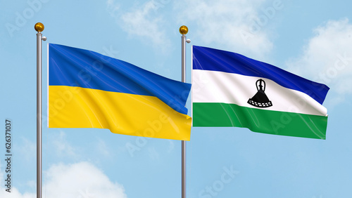 Waving flags of Ukraine and Lesotho on sky background. Illustrating International Diplomacy, Friendship and Partnership with Soaring Flags against the Sky. 3D illustration.