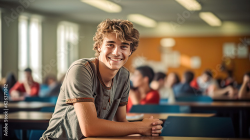 Obraz na płótnie Portrait of a smiling young university male student in the classroom. Generative AI w salonie