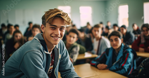 Portrait of a smiling young university male student in the classroom. Generative AI © Farnaces