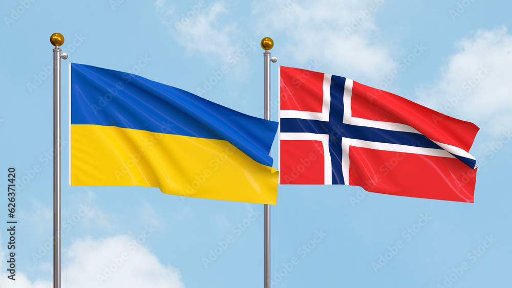 Waving flags of Ukraine and Norway on sky background. Illustrating International Diplomacy, Friendship and Partnership with Soaring Flags against the Sky. 3D illustration. Waving flags of Ukraine and Norway on sky background. Illustrating International Diplomacy, Friendship and Partnership with Soaring Flags against the Sky. 3D illustration.