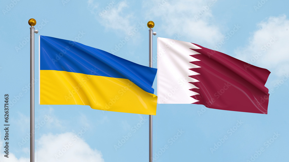 Waving flags of Ukraine and Qatar on sky background. Illustrating International Diplomacy, Friendship and Partnership with Soaring Flags against the Sky. 3D illustration. Waving flags of Ukraine and Qatar on sky background. Illustrating International Diplomacy, Friendship and Partnership with Soaring Flags against the Sky. 3D illustration.