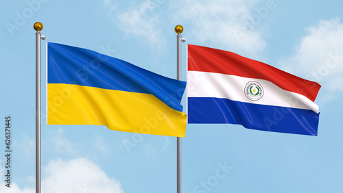 Waving flags of Ukraine and Paraguay on sky background. Illustrating International Diplomacy, Friendship and Partnership with Soaring Flags against the Sky. 3D illustration.