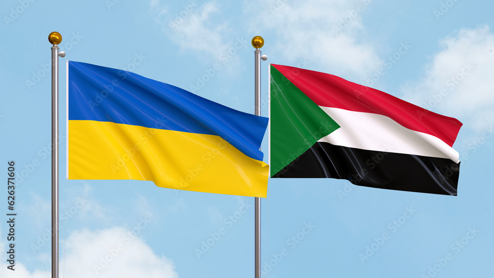 Waving flags of Ukraine and Sudan on sky background. Illustrating International Diplomacy, Friendship and Partnership with Soaring Flags against the Sky. 3D illustration. Waving flags of Ukraine and Sudan on sky background. Illustrating International Diplomacy, Friendship and Partnership with Soaring Flags against the Sky. 3D illustration.