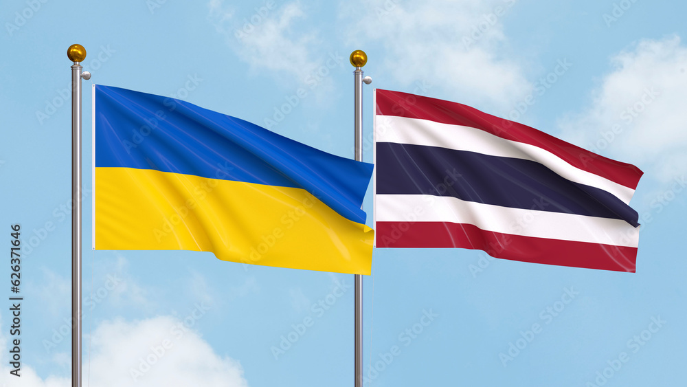 Waving flags of Ukraine and Thailand on sky background. Illustrating International Diplomacy, Friendship and Partnership with Soaring Flags against the Sky. 3D illustration.