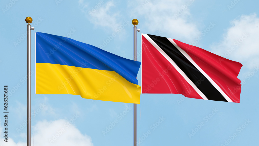 Waving flags of Ukraine and Trinidad and Tobago on sky background. Illustrating International Diplomacy, Friendship and Partnership with Soaring Flags against the Sky. 3D illustration. Waving flags of Ukraine and Trinidad and Tobago on sky background. Illustrating International Diplomacy, Friendship and Partnership with Soaring Flags against the Sky. 3D illustration.