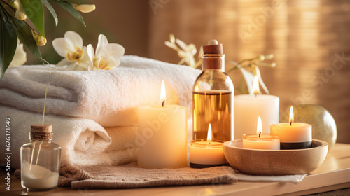 A serene spa setting with a beautiful display of candles and elegant decor, inviting relaxation and tranquility Generative AI