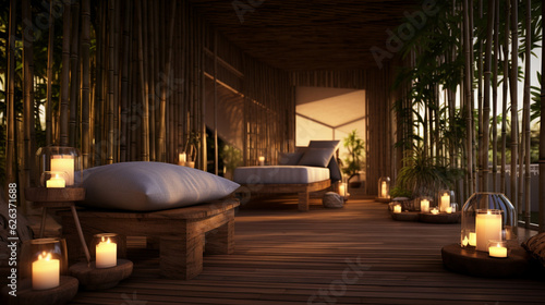 A Zen-inspired massage space with bamboo decor and candle lanterns  promoting balance and serenity Generative AI