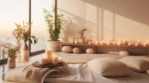 A minimalist massage studio with warm-toned candles and nature-inspired decor, embracing a calming and earthy vibe Generative AI © Наталья Евтехова