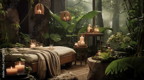 A garden-themed massage studio with lush plant decor and botanical-scented candles  offering a connection to nature Generative AI