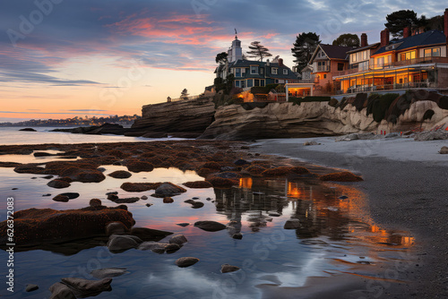 Witnessing the tranquility of a California beach at sunset, with the warm hues of the sky reflecting on the calm waters, silhouettes of palm trees, and a serene ambiance that invites relaxation