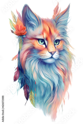 Spiritual colorful cat with feather fur, generative ai © Marc
