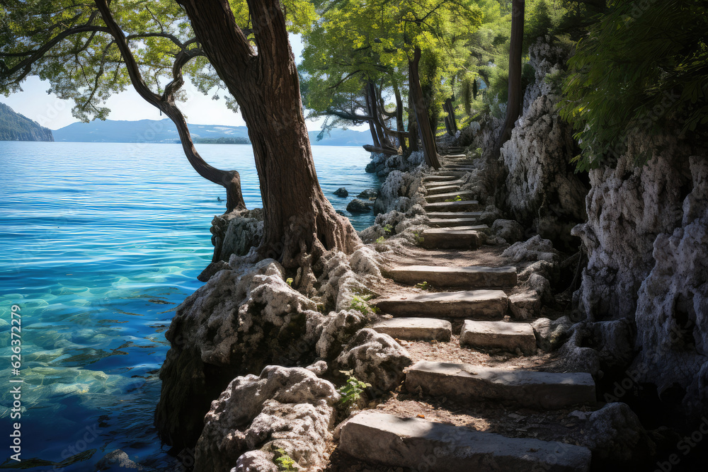 A coastal cliffside path leading to a secluded beach, with turquoise water gently lapping against the shore and a sense of serenity in the air, inviting viewers to explore nature's hidden treasures