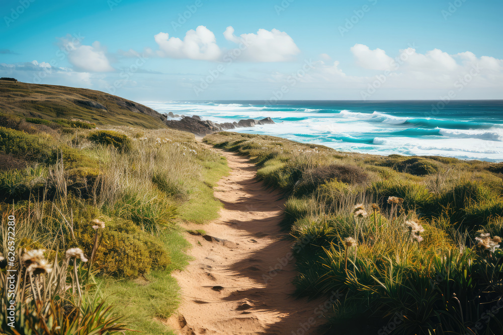 A coastal cliffside path leading to a secluded beach, with turquoise water gently lapping against the shore and a sense of serenity in the air, inviting viewers to explore nature's hidden treasures