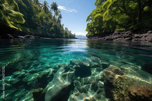 A secluded paradise island with palm-fringed beaches, crystal-clear waters, and colorful coral reefs, providing a perfect setting for snorkeling and basking in the sun