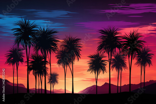 A panoramic view of a coastal city skyline at sunset, with tall palm trees silhouetted against a colorful sky, embodying the vibrant energy and allure of urban coastal living