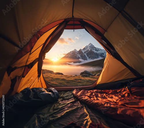 tent in the mountains at the sunset