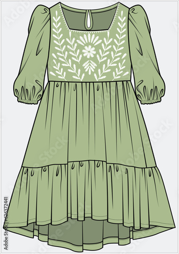 EMBROIDERED SQUARE NECK TIERED DRESS WITH PUFF SLEEVES AND HIGH LOW HEM DETAIL DESIGNED FOR WOMEN  TEEN GIRL AND KID GIRLS IN EDITABLE VECTOR