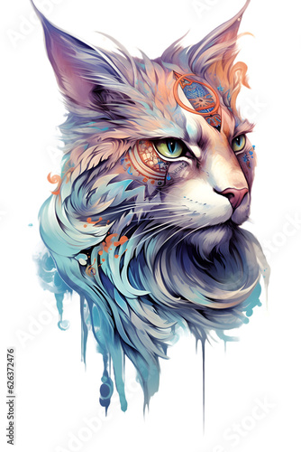 Generativ Mystical Maine coon cat with spiritual feather fur and colorful drops, Generative AI © Marc
