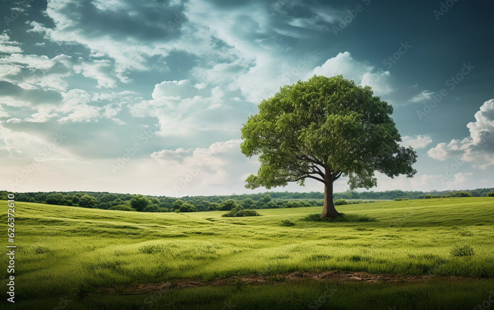 Beautiful tree in the middle of a field covered with grass with the tree line in the background Beautiful tree in the middle of a field covered with grass with the tree line in the background