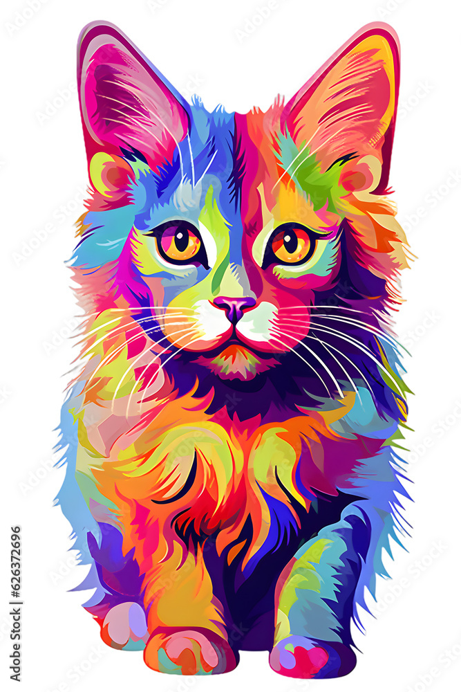 Fototapeta premium Sweet colorful cat artwork, cute kitten graphic illustration, Generative AI