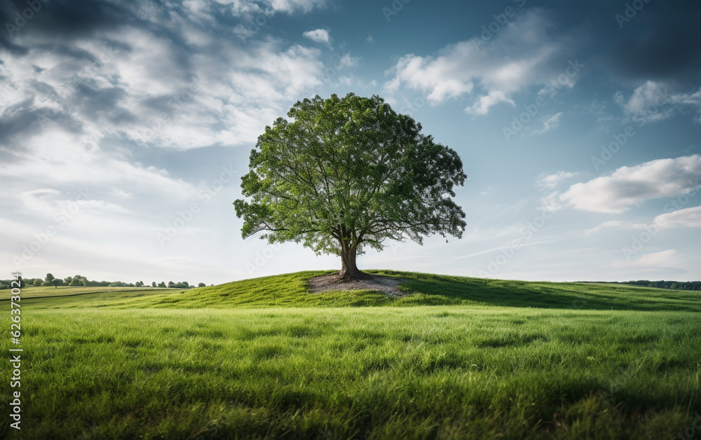Beautiful tree in the middle of a field covered with grass with the tree line in the background Beautiful tree in the middle of a field covered with grass with the tree line in the background