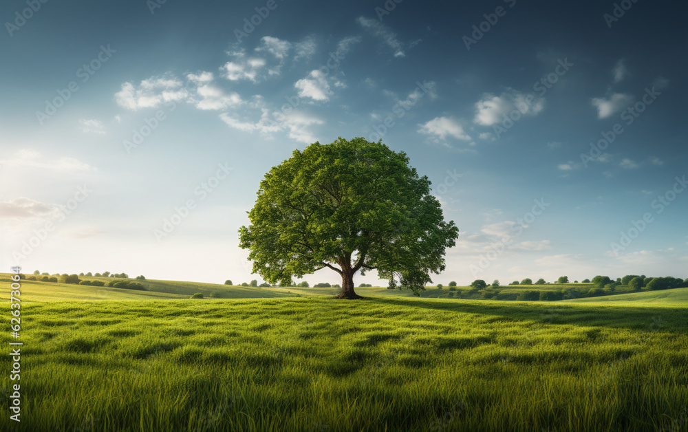Obraz premium Beautiful tree in the middle of a field covered with grass with the tree line in the background