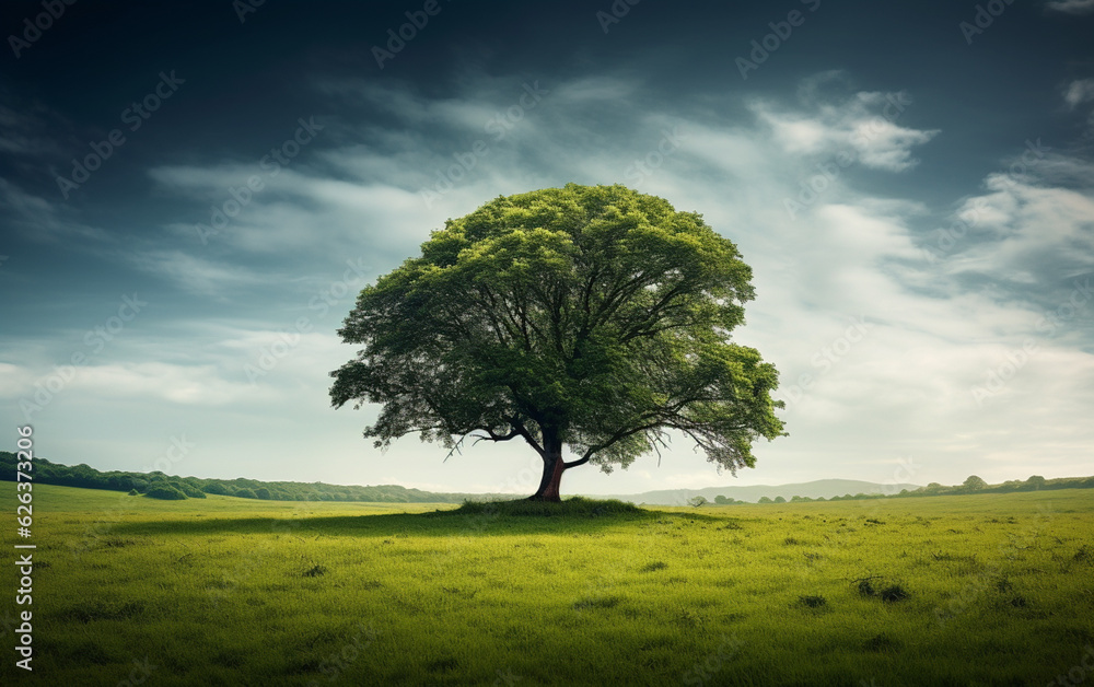 Fototapeta premium Beautiful tree in the middle of a field covered with grass with the tree line in the background