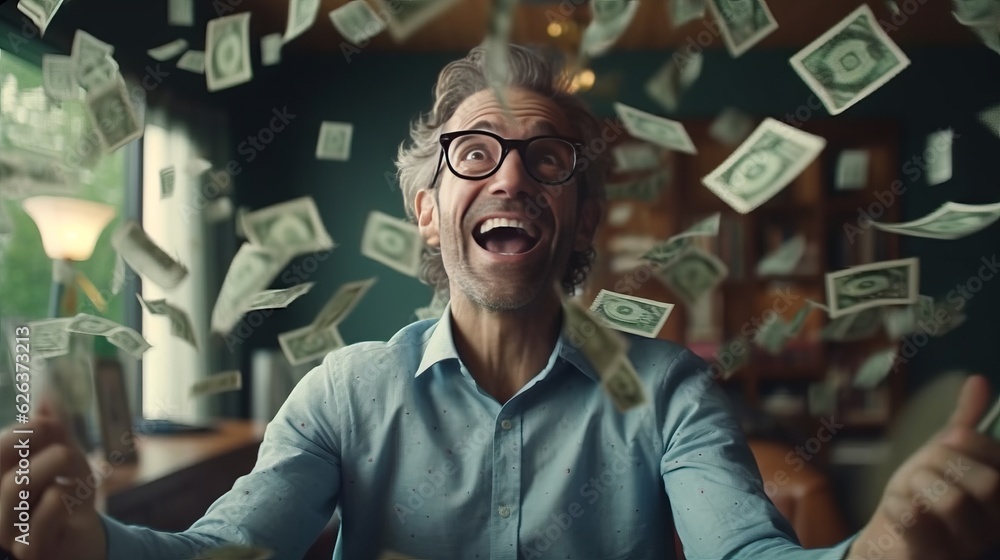 Obraz premium Excited man surrounding of falling banknotes Made with Generative AI.