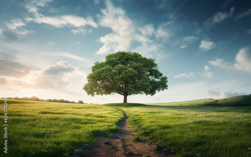 Beautiful tree in the middle of a field covered with grass with the tree line in the background Beautiful tree in the middle of a field covered with grass with the tree line in the background