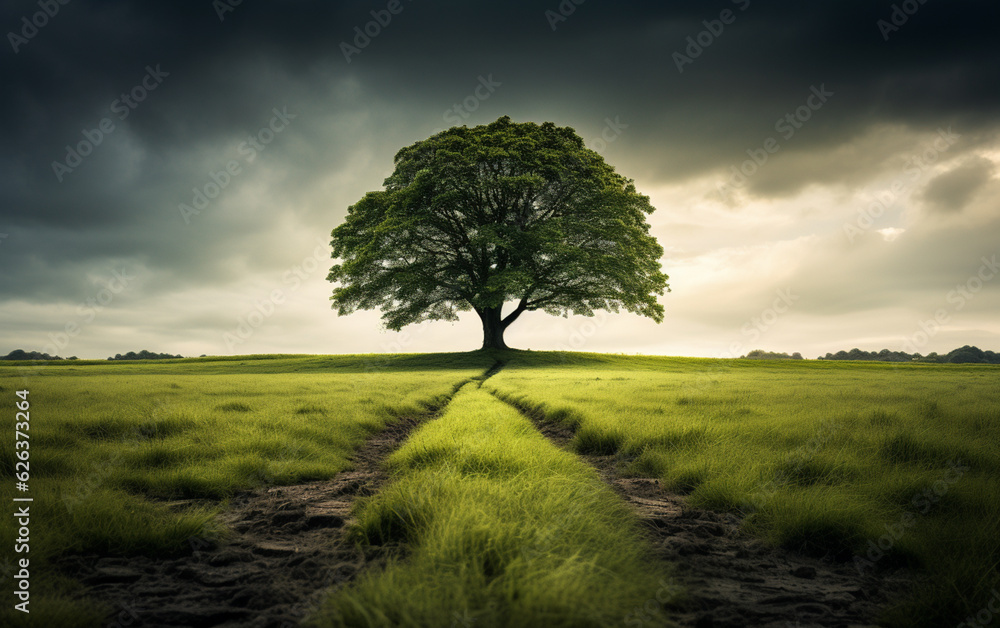 Obraz premium Beautiful tree in the middle of a field covered with grass with the tree line in the background