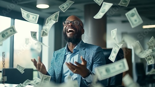 Excited man surrounding of falling banknotes Made with Generative AI.