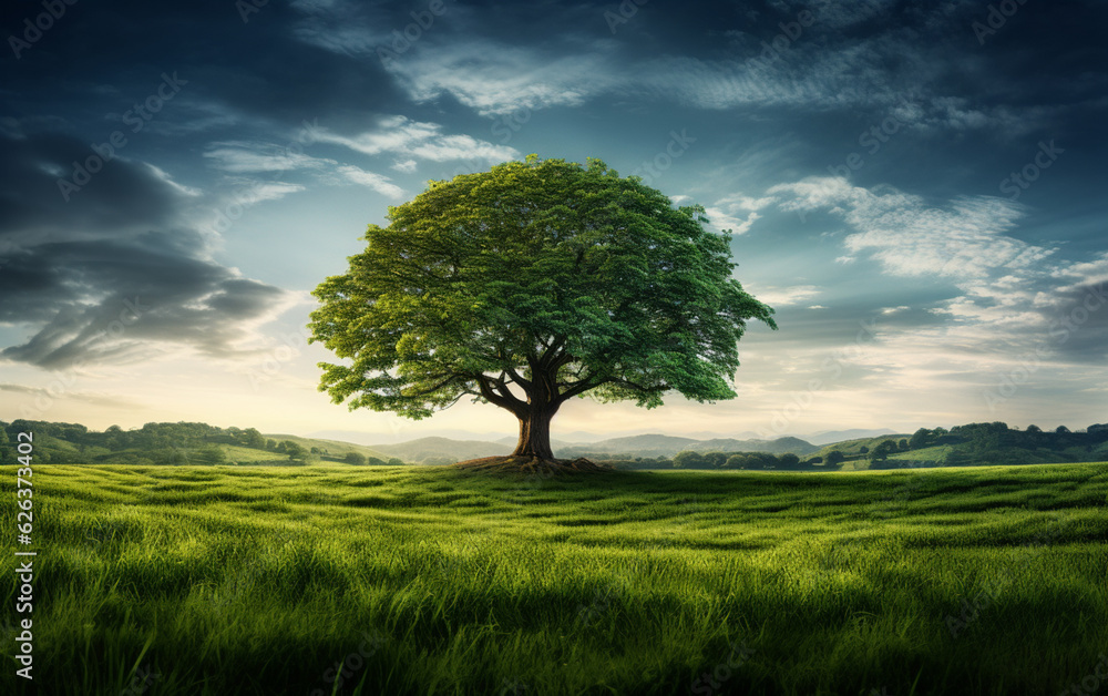 Fototapeta premium Beautiful tree in the middle of a field covered with grass with the tree line in the background