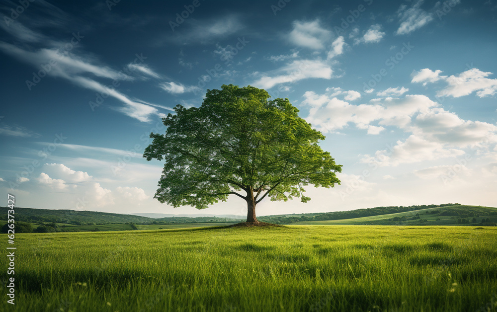 Obraz premium Beautiful tree in the middle of a field covered with grass with the tree line in the background