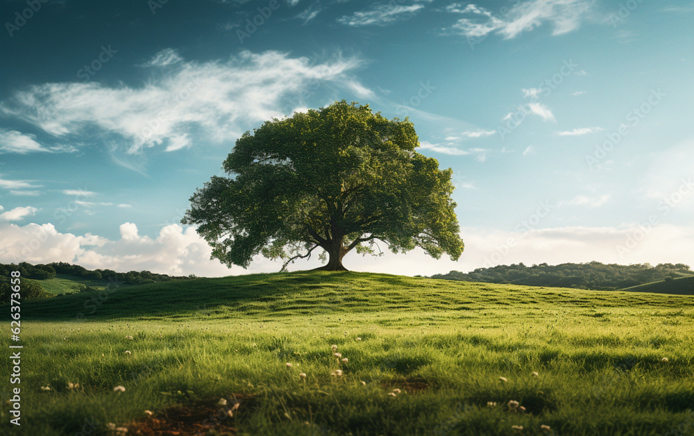 Fototapeta premium Beautiful tree in the middle of a field covered with grass with the tree line in the background
