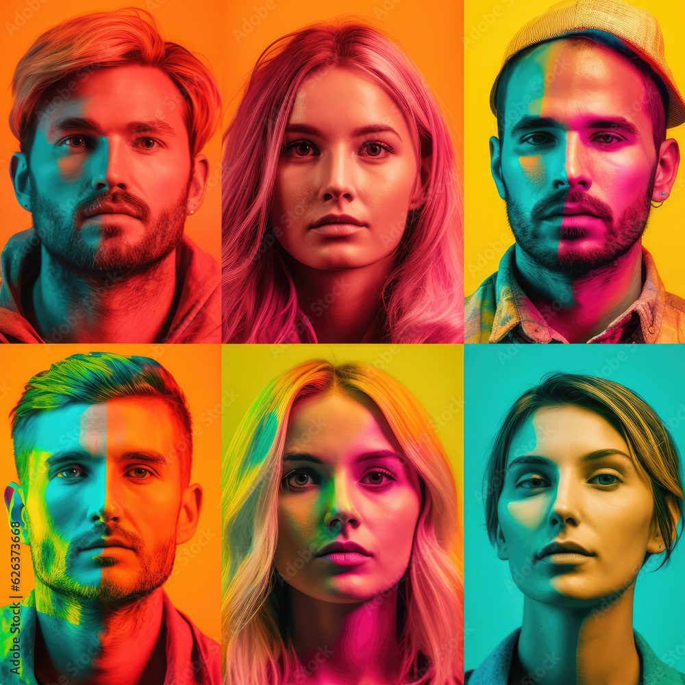 Collage of portraits of young people isolated over multicolored backgrounds in neon light. Concept of emotions, facial expression, fashion, beauty Collage of portraits of young people isolated over multicolored backgrounds in neon light. Concept of emotions, facial expression, fashion, beauty