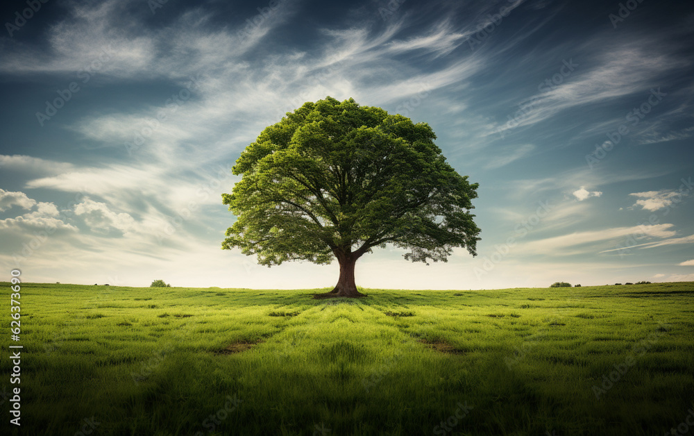 Beautiful tree in the middle of a field covered with grass with the tree line in the background Beautiful tree in the middle of a field covered with grass with the tree line in the background