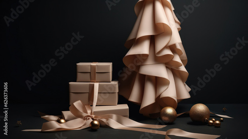 Elegant draped Christmas Tree made of draped light pink fabric with presents wrapped in light pink and brown ribbon with golden ornaments on dark grey neutral background