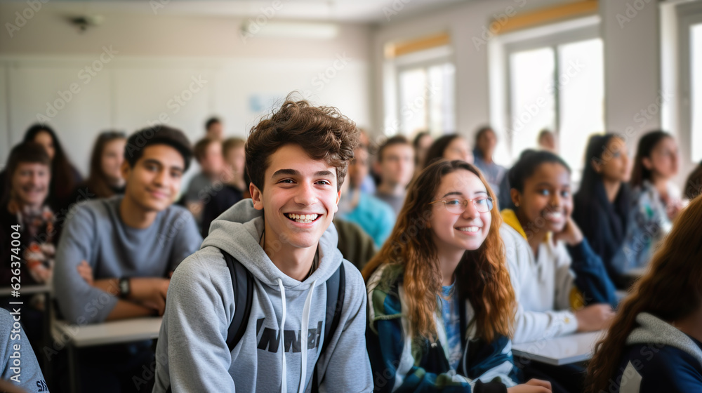 Happy teenage students in the classroom. Generative AI