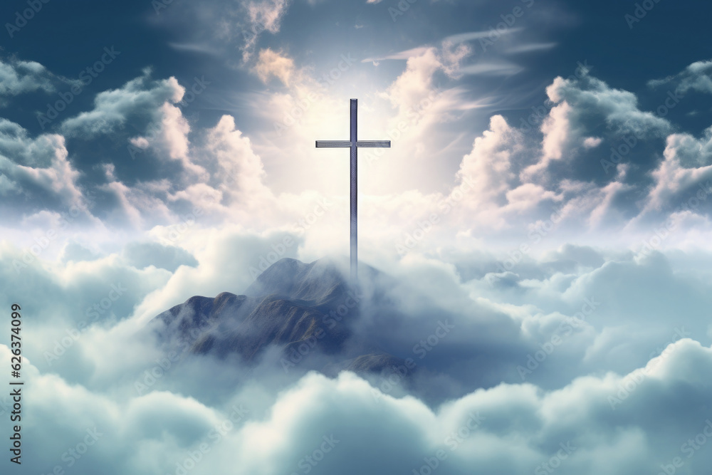 Concept of faith in God. Silhouette of a religious cross on hill in clouds. Hope for salvation, request for help to heaven Concept of faith in God. Silhouette of a religious cross on hill in clouds. Hope for salvation, request for help to heaven