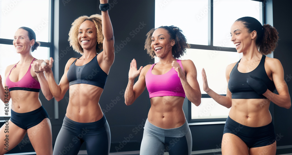 Fitness Fun: Women's Gym Gathering. Exercise and workout concept for women. Diverse group.