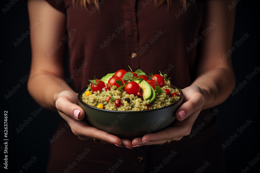 Delicious vegetarian quinoa salad with avocado, cucumber and tomatoes . Generated AI Delicious vegetarian quinoa salad with avocado, cucumber and tomatoes . Generated AI