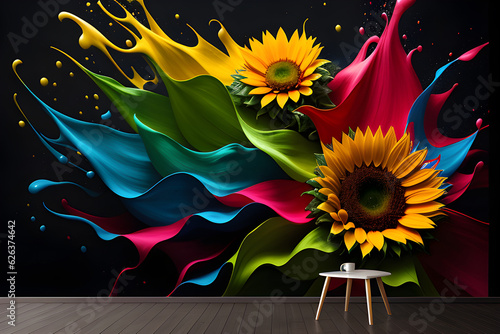 Słoneczniki, abstrakcyjne akrylowe kwiaty, . Generative AI