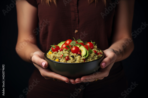 Delicious vegetarian quinoa salad with avocado, cucumber and tomatoes . Generated AI